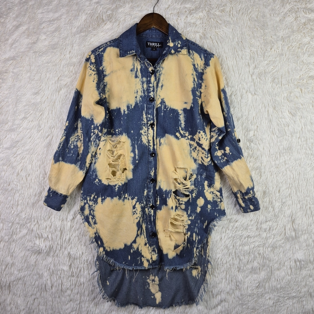 Thrill Jeans Hi Low Distressed Shirt Womens M Acid‎ Thrashed Bleached Grunge